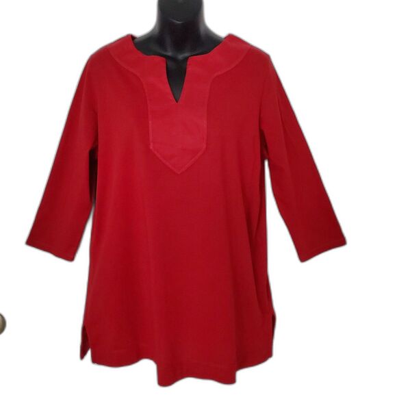 Ralph Lauren Plus Size 1X Red 100% Cotton V-Neck 3/4 Sleeve Tunic Top Comfy Cozy - Picture 2 of 10